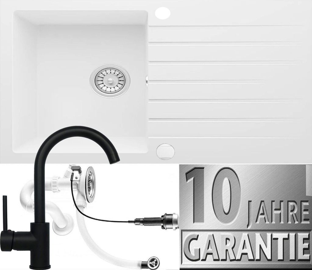 Granitspüle Küchenspüle Armatur Granit Siphon Einbauspüle Spülbecken Spüle76x45 Weiß