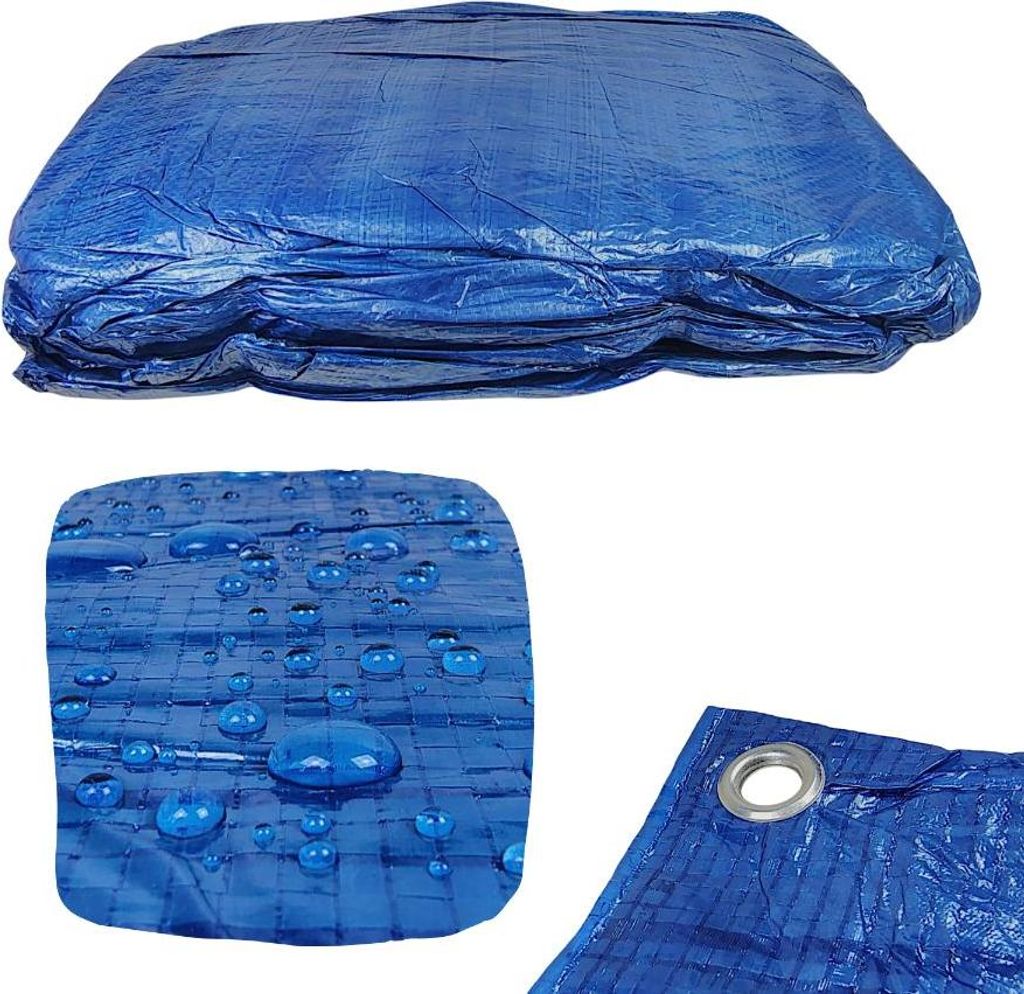 A collage of images showing a folded blue tarp, a close-up of water droplets on a blue tarp, and a close-up of a grommet on a blue tarp.