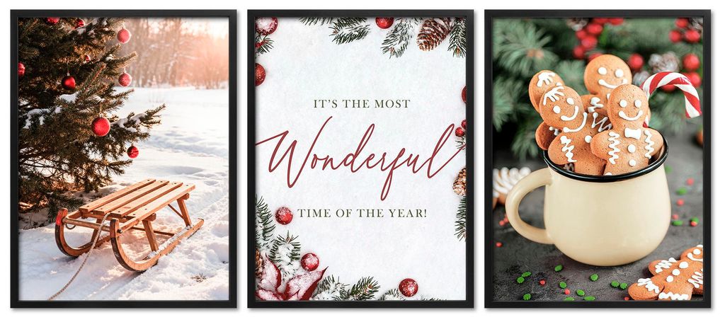 ARTFAVES Poster Set - Christmas Trio 2 I mehrteilige Bilderwand für Wohnzimmer, Schlafzimmer I Wandbilder Weihnachten I mit Rahmen Schwarz