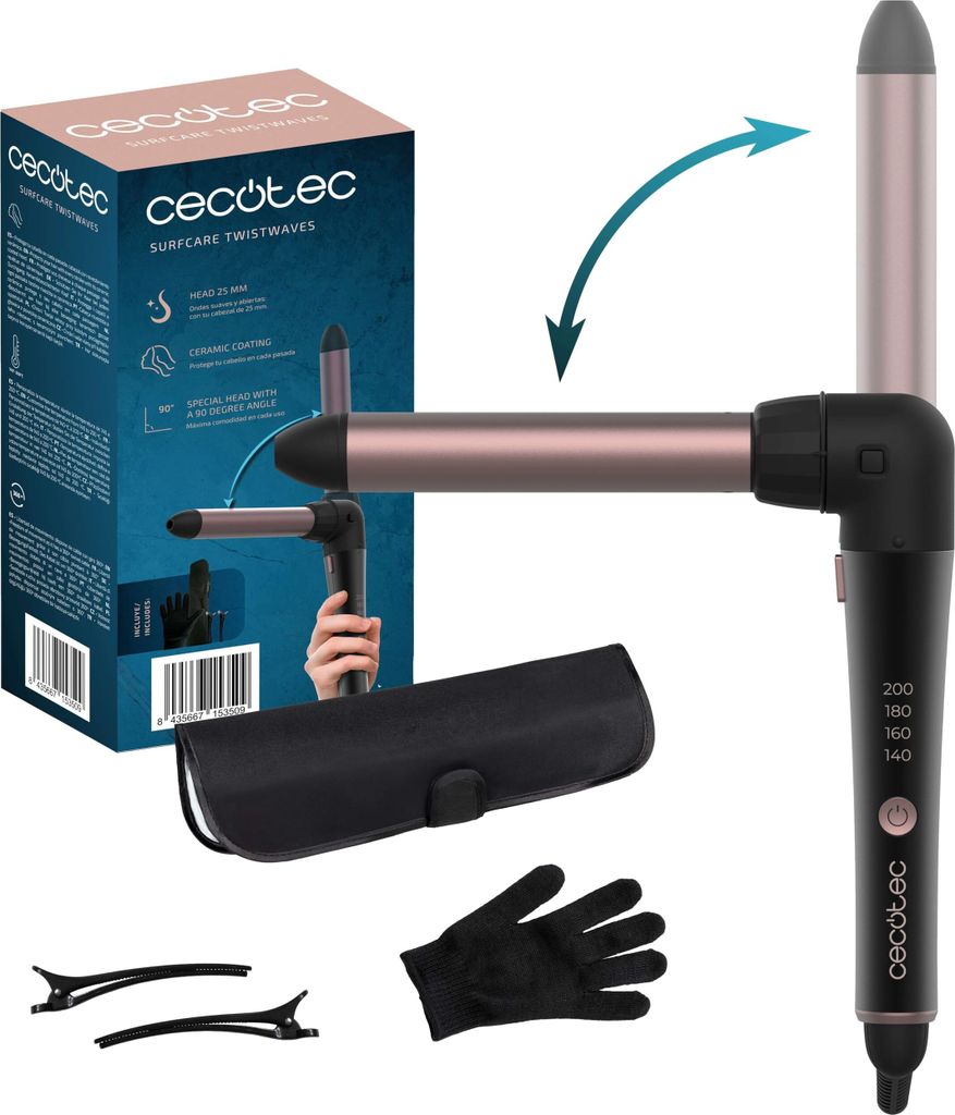 Cecotec SurfCare TwistWaves, Lockenstab, Warm, Tasten, 140 °C, 200 °C, Schwarz
