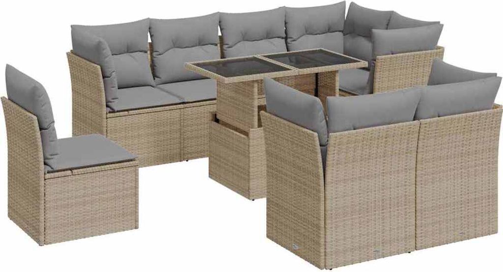 vidaXL 9-tlg. Garten-Sofagarnitur mit Kissen Beige Poly Rattan