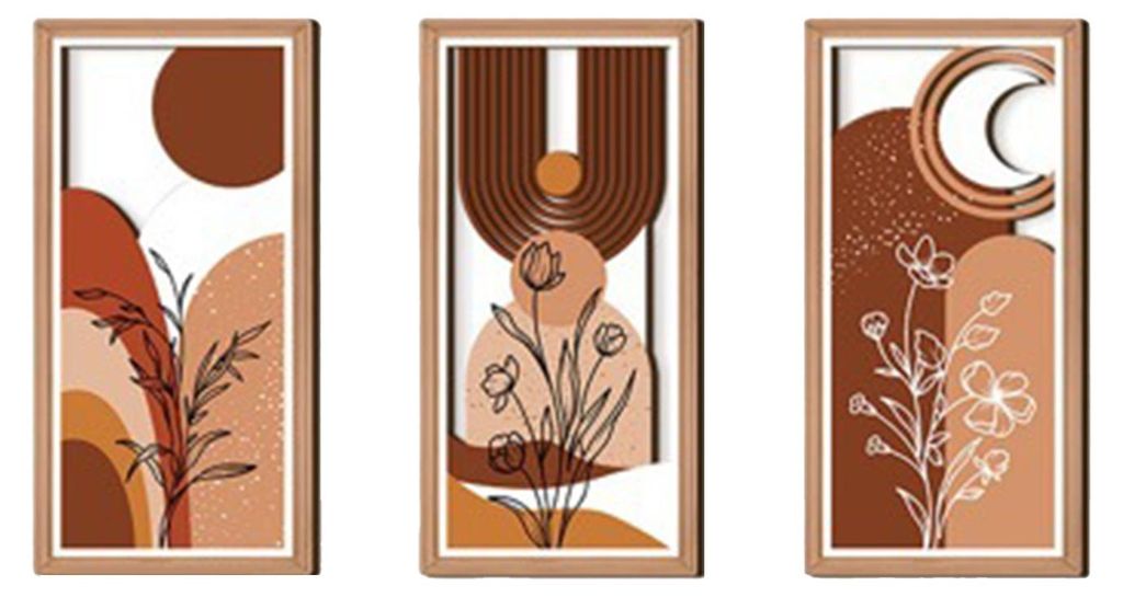 3-teiliges Boho-Pflanzenwandbild, minimalistische botanische Wandskulptur im Bohème-Stil, abstrakte geometrische Wohndekoration für Wohnzimmer, S...