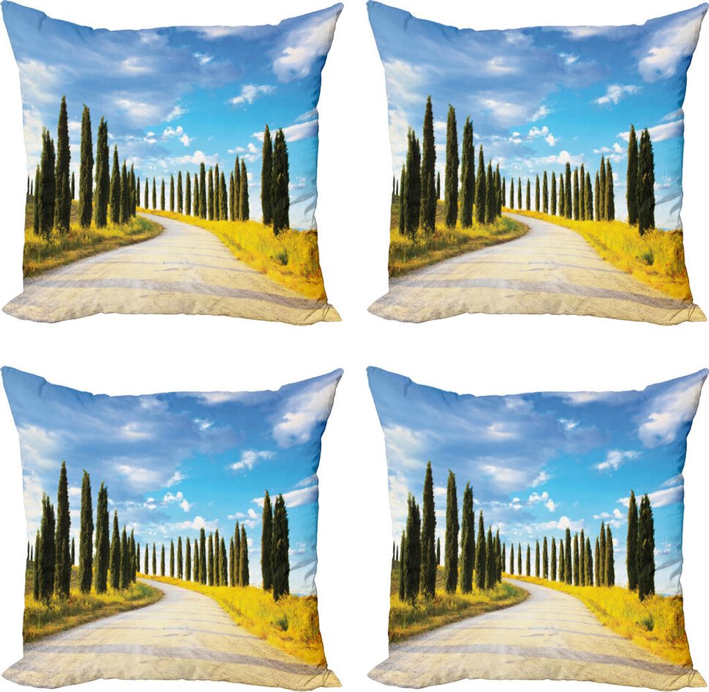ABAKUHAUS Italienisch Kissenbezug Set (4 Stück), Mittelmeer-Bäume, Moderner Doppelseitiger Digitaldruck, 45 cm x 45 cm, Creme Grün Blau