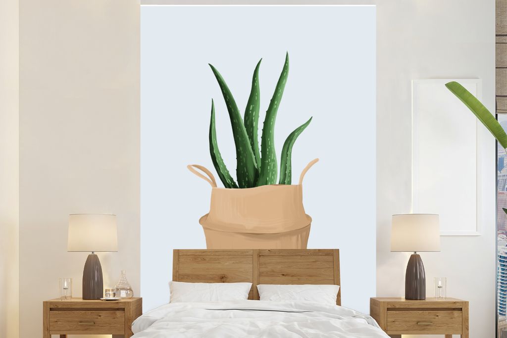 MuchoWow Fototapete für Wohnzimmer oder Schlafzimmer Wandtapete Vinyl Motivtapete Pflanze - Aloe Vera - Blumentopf - 170x260 cm - Wohnzimmertapete
