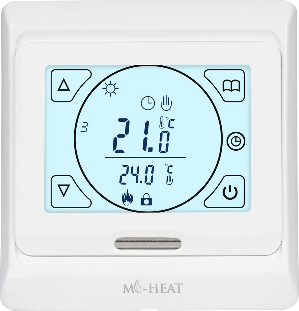 A white digital thermostat with a blue screen displaying temperature and icons.