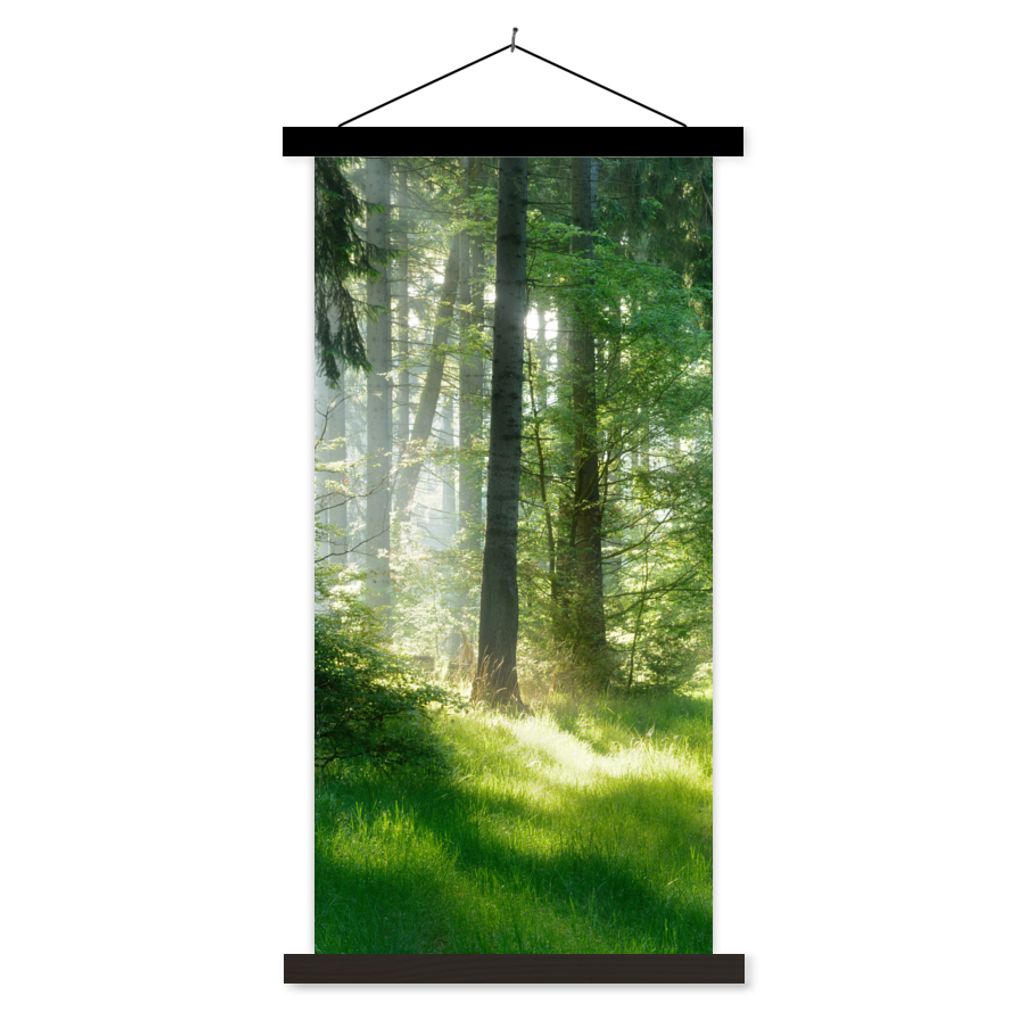 MuchoWow Textilposter Natur - Bäume - Wald - Grün - Sonne - Gras - Pflanzen 90x180 cm mit schwarzem Rahmen - Dekoration Wohnzimmer
