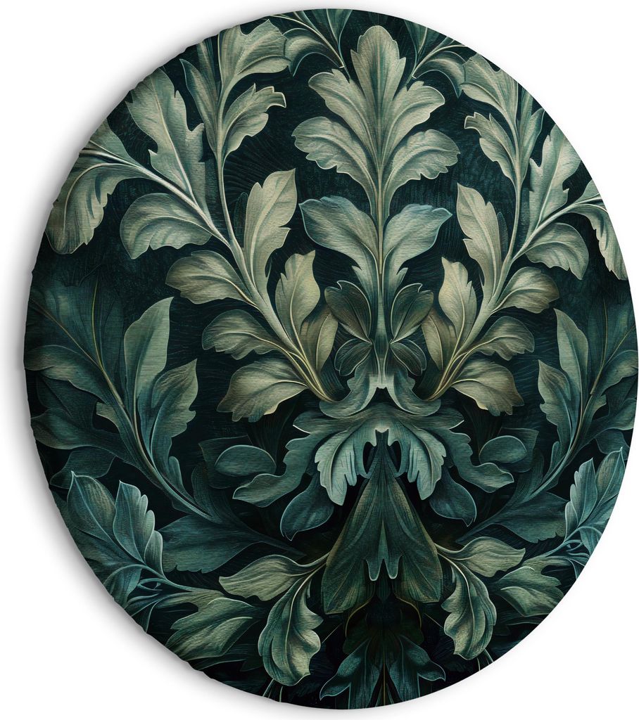 Italienischer Leinwand Rundes Bild - Dark Green Victorian Leaves: Botanical Carved Composition 60x60 cm Muster f-H-10013-bc-a