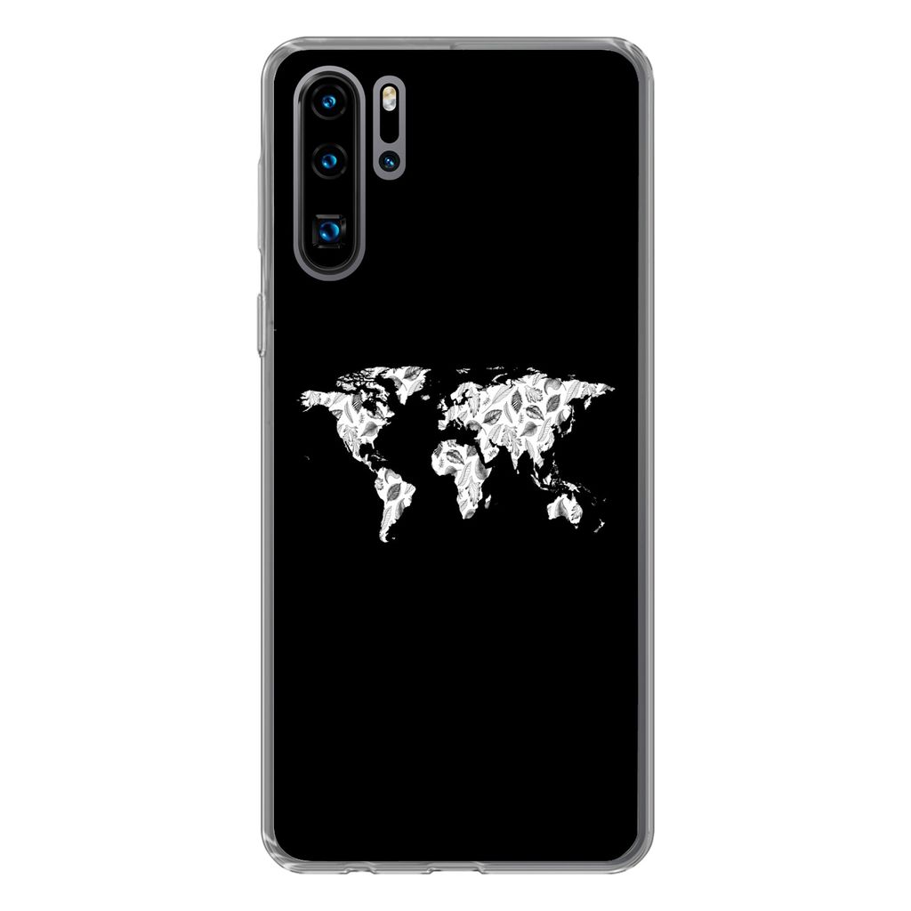 MuchoWow Handyhülle Schutzhülle Hülle für Huawei P30 Pro Weltkarte - Blätter - Schwarz Silikon Softcase Handy Hülle - Schutzdeckel