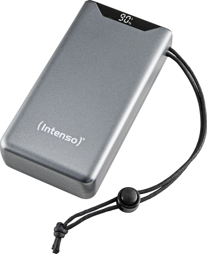 A grey Intenso power bank with a digital display showing 90% charge and a black lanyard attached.