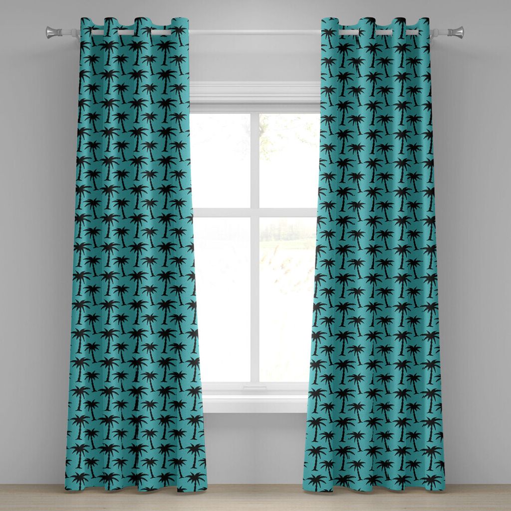 ABAKUHAUS Palme Ösenvorhang, Schwarze Schattenbilder von Kokosnuss-Bäumen in der Karikatur-Art auf Türkis-Hintergrund, Dekorative 2-Panel-Fenste...
