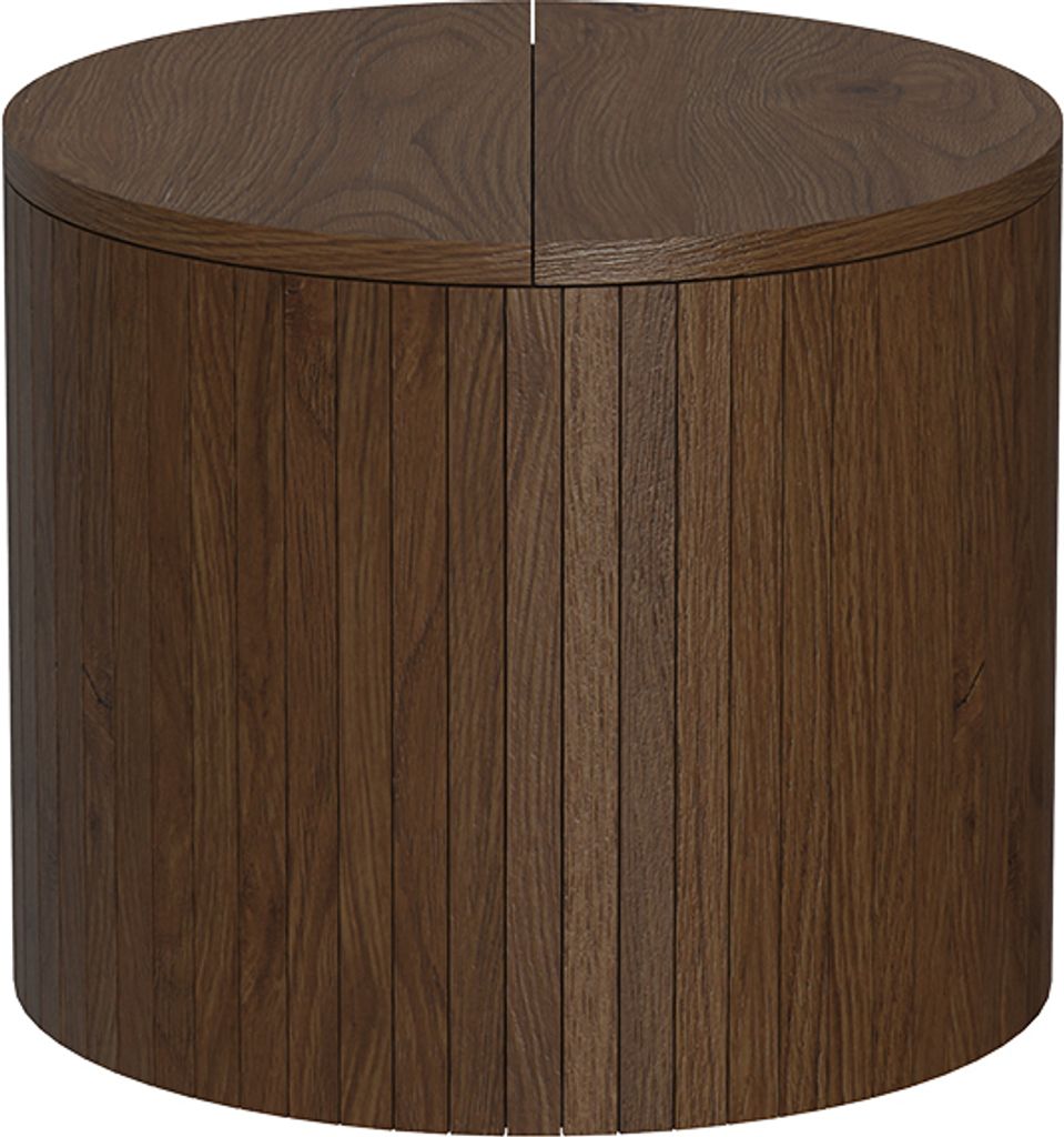 A cylindrical wooden coffee table with a slatted design.