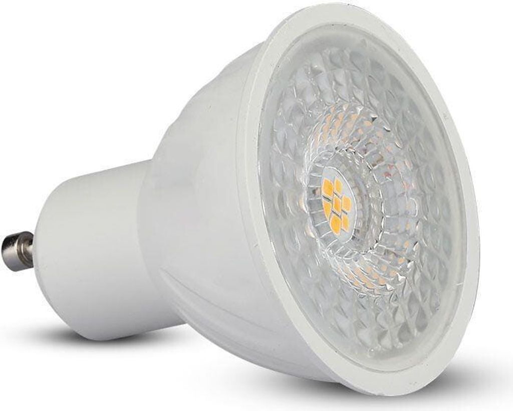 A white LED light bulb with a GU5.3 base is shown against a white background.