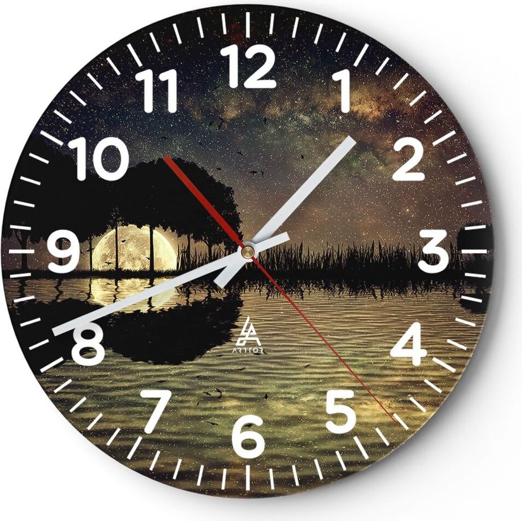 Wanduhr - Rund - Glasuhr - See Nacht Wasser - 40x40cm - Schleichendes Uhrwerk - Lautlos - zum Aufhängen bereit - Dekoration Modern - Wanddekoratio...