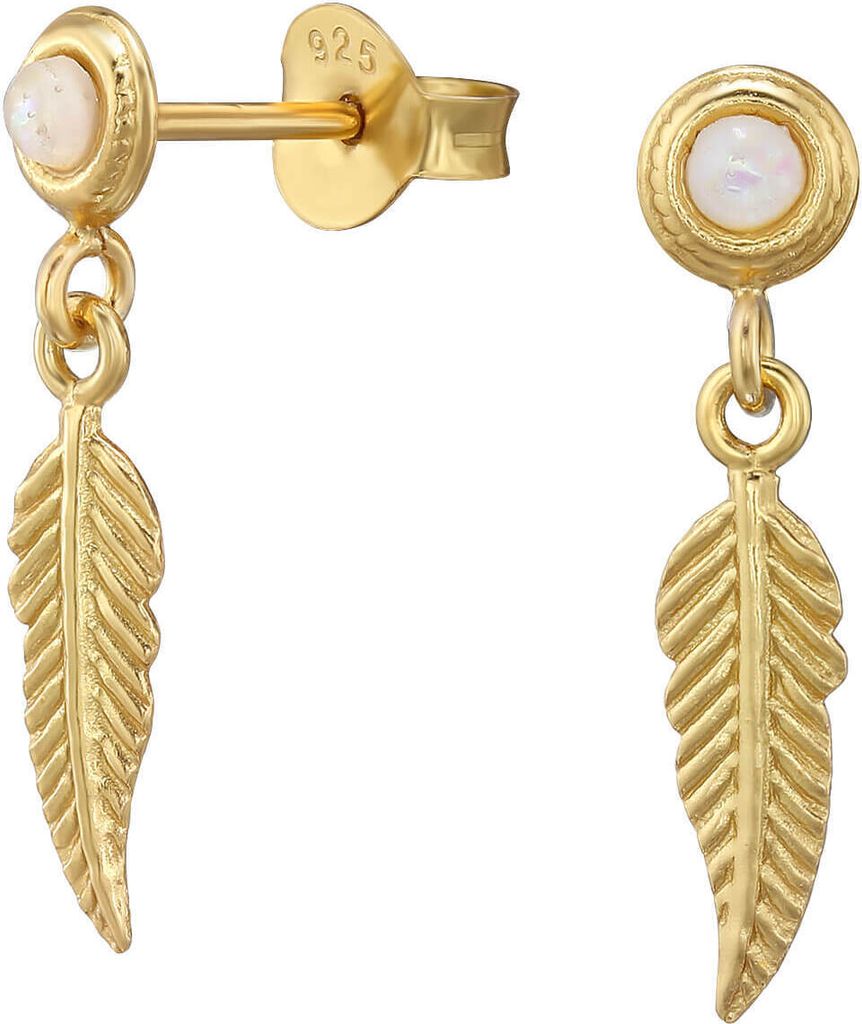 Ohrringe Ohrstecker 925 Sterling Silber vergoldet Ohrhänger synthetischer Opal mit Feder Material - Silber vergoldet