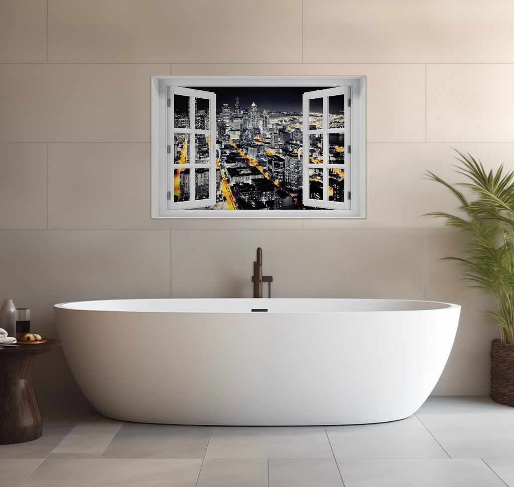 Wallario wasserfestes Poster selbstklebend 91,50 x 61 cm, Großstadt bei Nacht - Seattle in schwarz weiß gelb, Badezimmerposter Spritzschutz mit H...