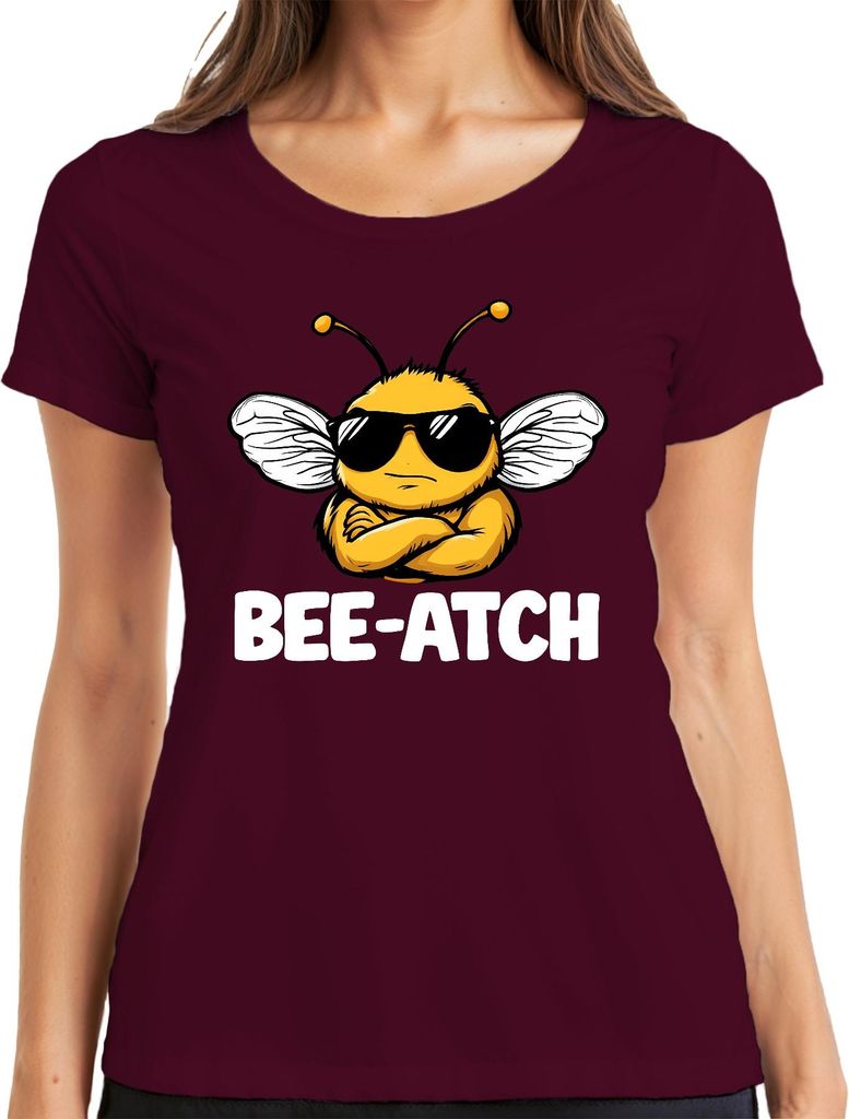 BEE-ATCH Biene Sonnenbrille Cartoon Bossbiene lustig Geschenk Damen T-Shirt, Burgundy, L