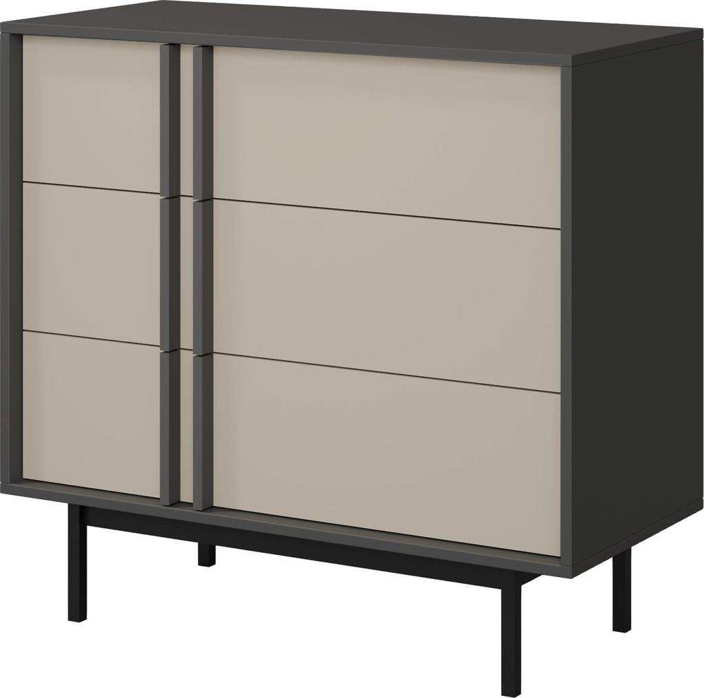MIRJAN24 Sideboard Alsy 3S REG 8, Kommode mit drei Schubladen, Schwarze Metallfüße (Farbe: Anthrazit / Hellbeige)