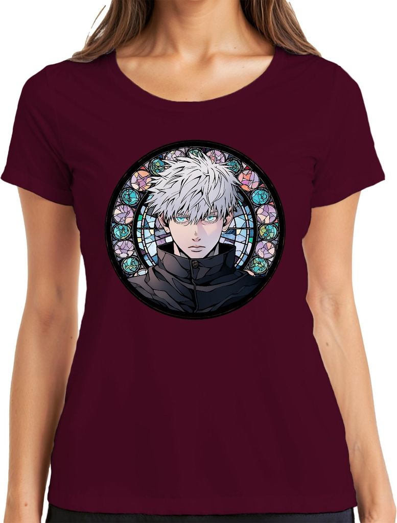 Gojo Satoru Jujutsu Kaisen Weißhaar blaue Augen Anime Geschenk Damen T-Shirt, Burgundy, XL