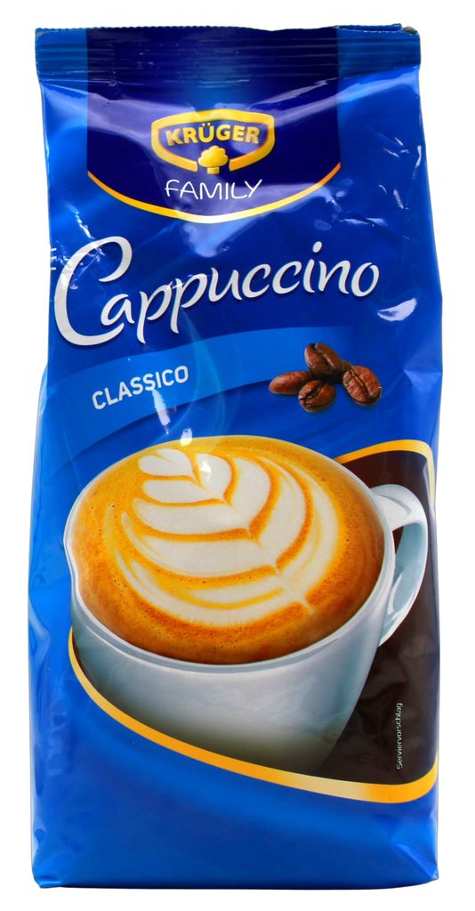 A bag of Krüger Family Cappuccino Classico coffee mix.