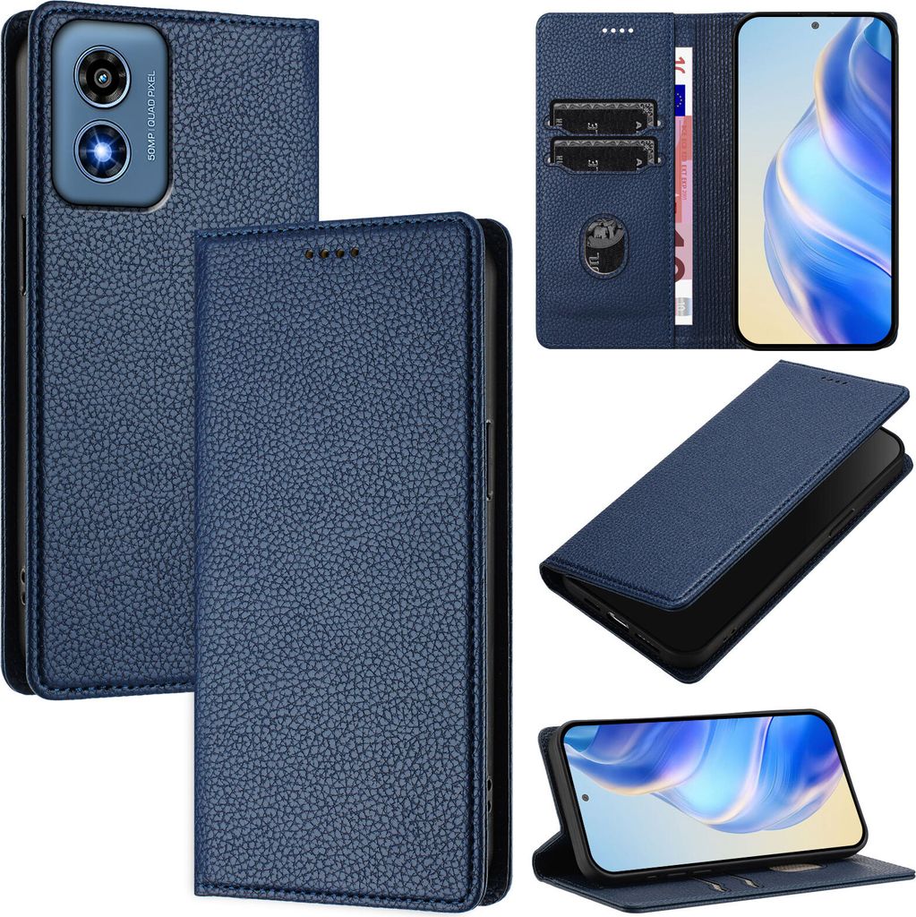Litchi Leder Handyhülle für Motorola Moto G Play 4G 2024 Wallet Kartenfächer Standfunktion Hülle Blau