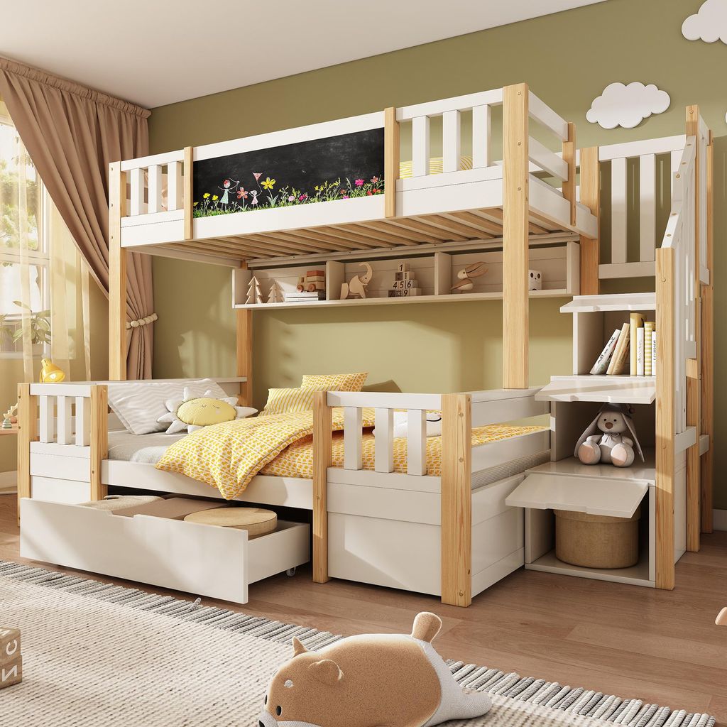 Flieks Etagenbett 90x200cm/140x200cm, Kinderbett Hausbett mit Kreidetafel, Hochbett mit Treppe und Schubladen, Stockbett für 2 Kinder, Naturbelassen