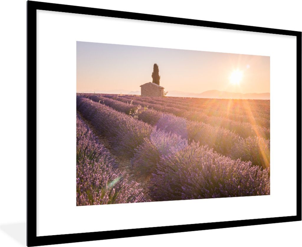 MuchoWow Gerahmtes Poster Sonnenaufgang über einem Lavendelfeld 90x60 cm - Poster mit Schwarzem Bilderrahmen Wandposter Rahmen Foto Bilder - Wan...