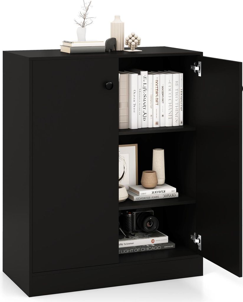 A black sideboard cabinet with its doors open, revealing shelves with books and decorative items.