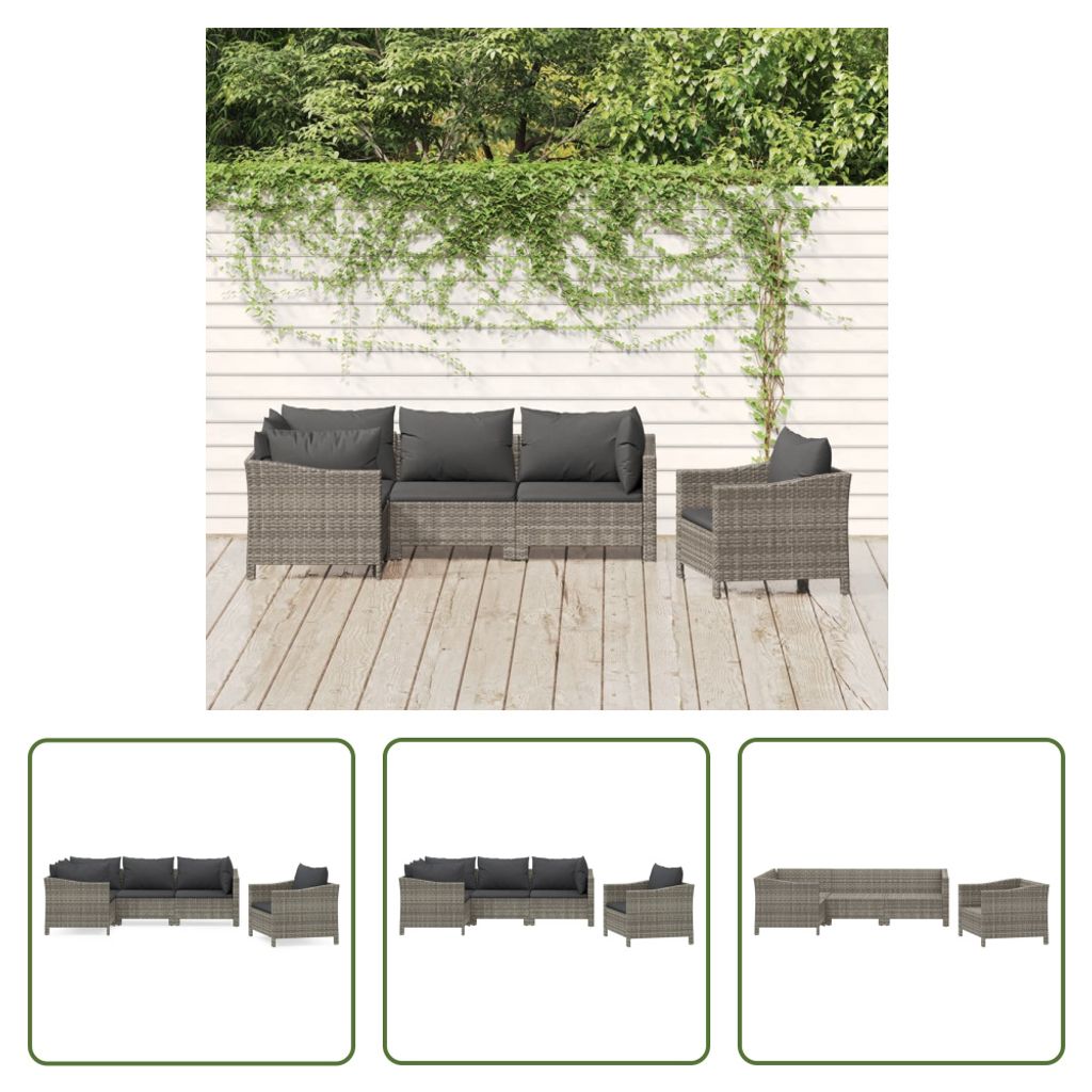 The Living Store 5-tlg. Garten-Lounge-Set mit Kissen Grau Poly Rattan