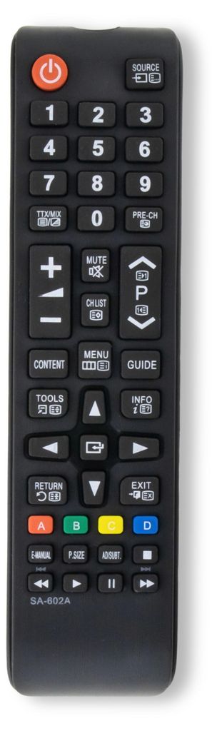 A black remote control is shown against a white background.