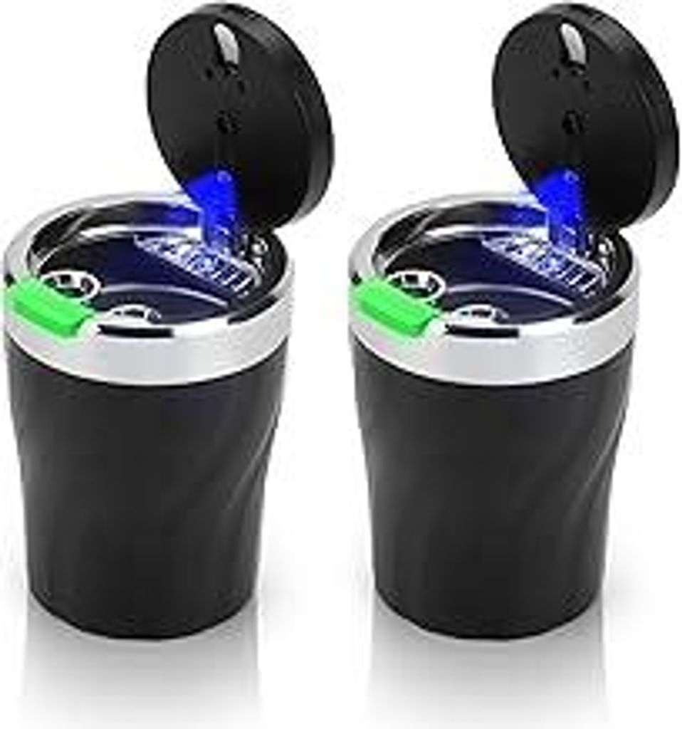 2 Stück Aschenbecher Auto, Tragbarer Metall Rauchfreien Aschenbecher mit Deckel und LED Licht für Autos Vans Outdoor Camping, Schwarz