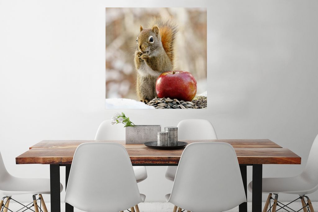 MuchoWow Poster Eichhörnchen - Apfel - Blumensamen - Schnee 75x75 cm - Wand Dekoration