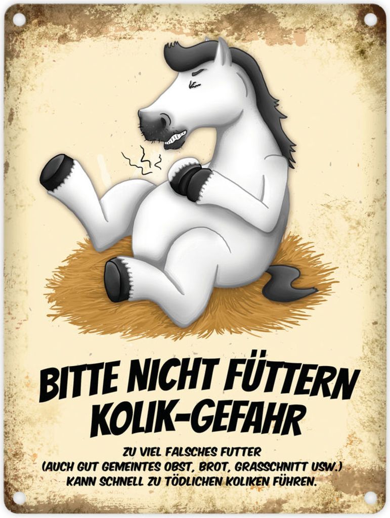 Metallschild mit weißes Pferd Motiv und Spruch: Bitte nicht füttern -