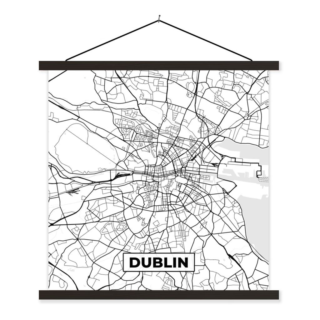 MuchoWow Textilposter Karte - Dublin - Stadtplan - Schwarz und weiß - Karte 120x120 cm mit schwarzem Rahmen - Aufhängungsset