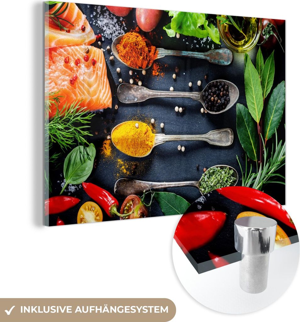 MuchoWow Glasbilder - Bilder auf Wandbild - Foto auf Glas Kräuter - Löffel - Küche - Gewürze 120x80 cm Wanddekoration aus Glas - Acrylglasbild ...