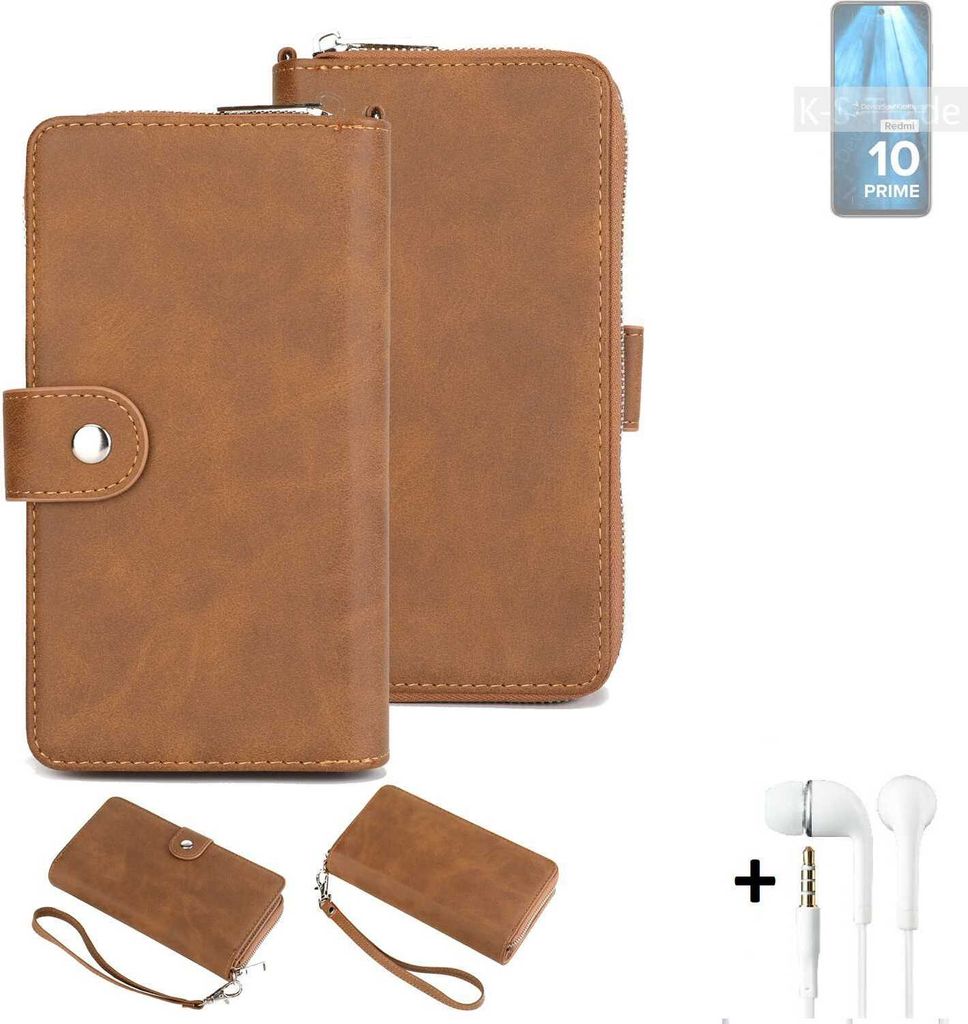 K-S-Trade Handy Schutz Hülle kompatibel mit Xiaomi Redmi 10 Prime 2022 + Kopfhörer Portemonnee Tasche Wallet-Case Bookstyle-Etui braun (1x)