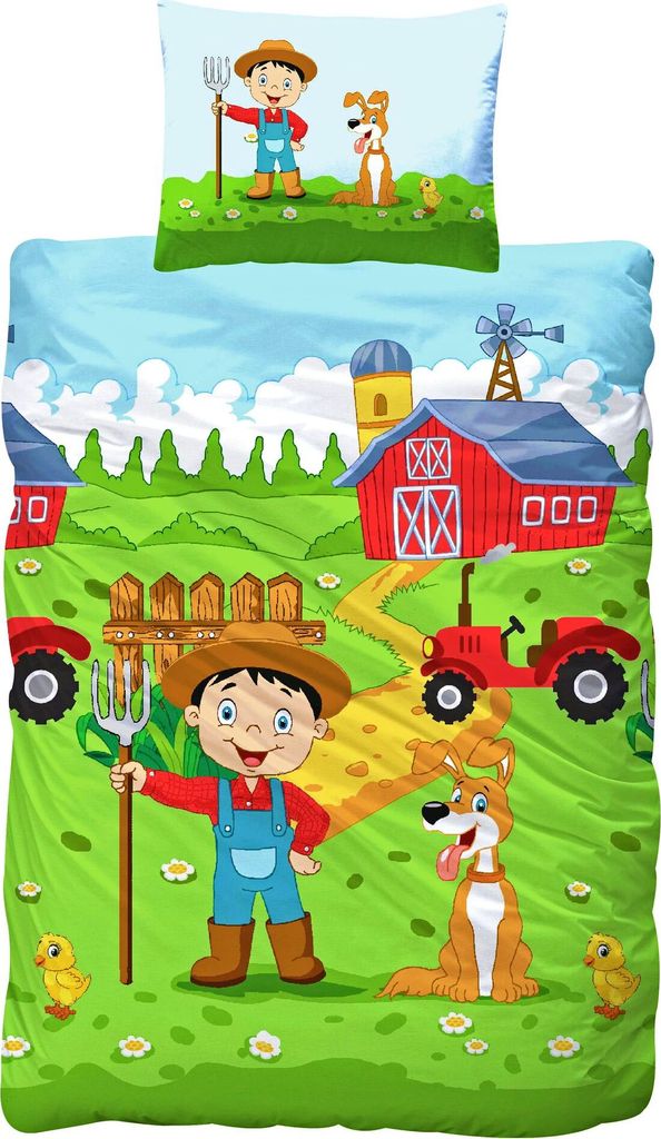 JACK Kinder Renforce Baby Bettwäsche 2 tlg. 100x135cm Bauernhof Traktor Hof Hund Bunt Reißverschluss
