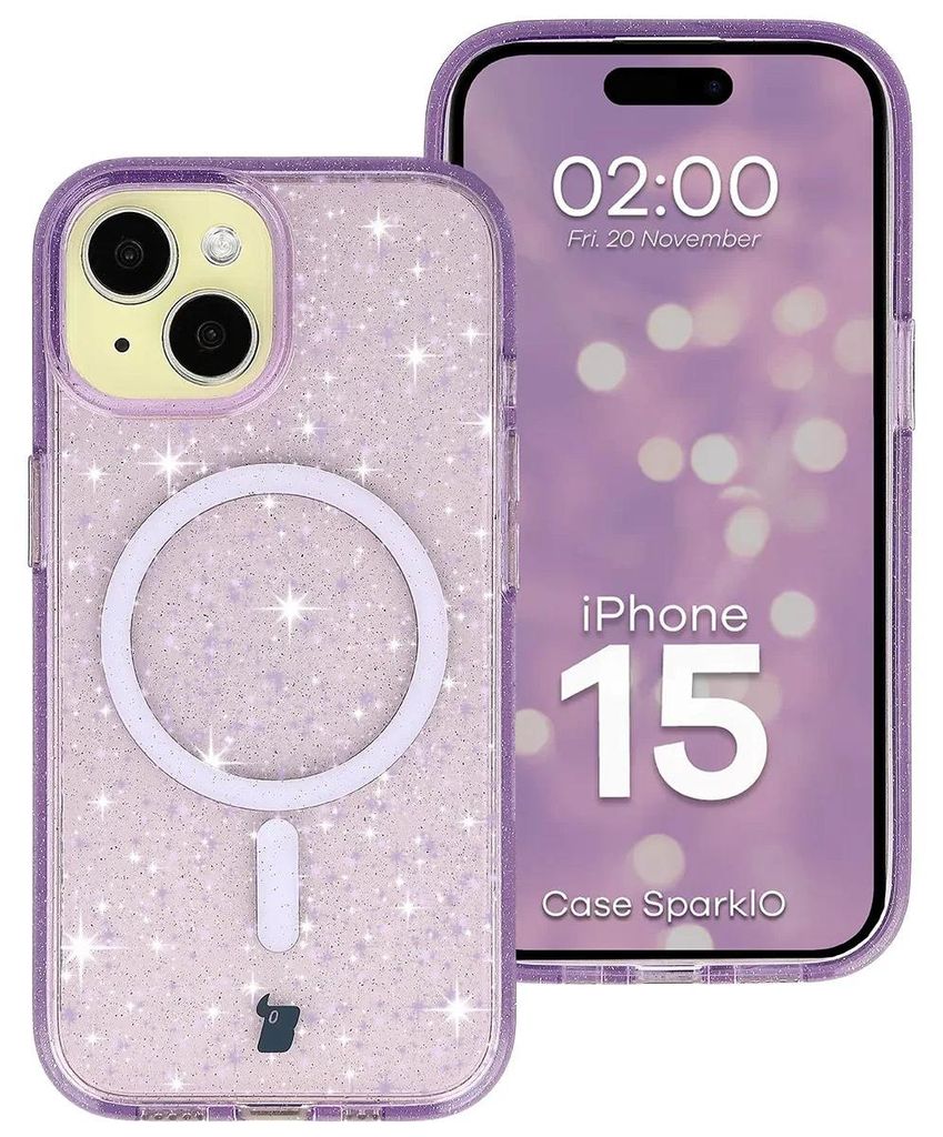 Glitzer Hülle mit Magnetring für iPhone 15, Bizon Case SparklO, Transparent-Violet mit Glitzer