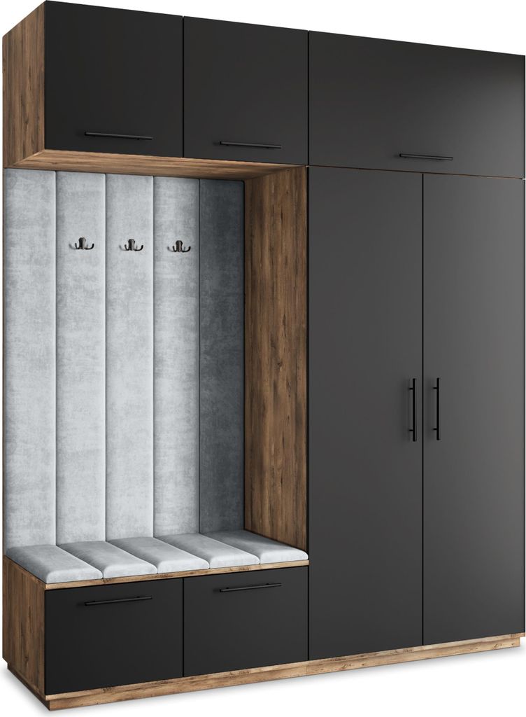 Masseno Garderobe-Set REMA 200/240/60 cm Modern Garderobenschrank Eiche Lefkas, Veloursstoff MONOLITH 84 (Hellgrau)