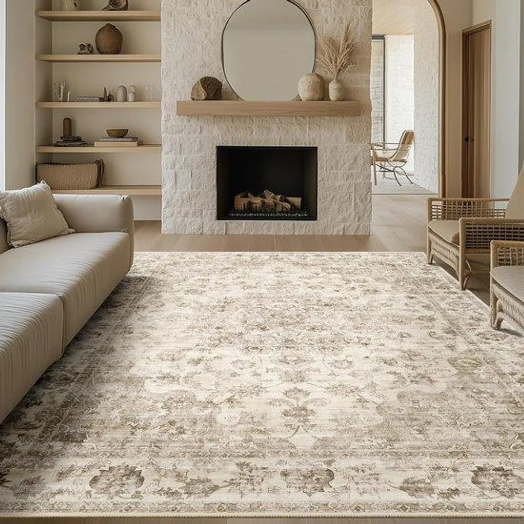 Tapis de salon beige 240x300 cm rétro lavable et antidérapant - Modèle Soho
