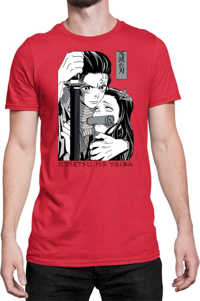 Herren T-Shirt Demon Anime Slayer Kimetsu No Yaiba Tanjiro Nezuko Kamado 003, Man 3XL / Rot