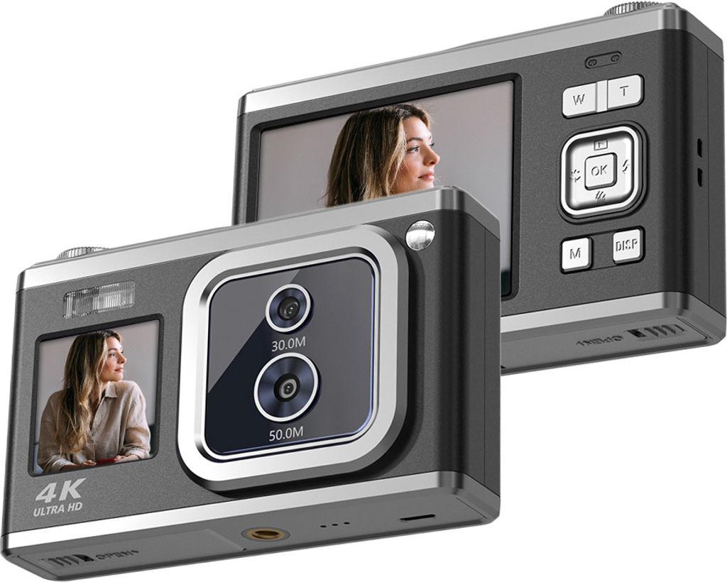 Andoer 2,88 Zoll tragbare Digitalkamera, Kompaktkamera, 50 MP, 4K Ultra HD, 16-facher Zoom, Autofokus, Selbstausloeser, Anti-Verwackelung, mit 2 St...