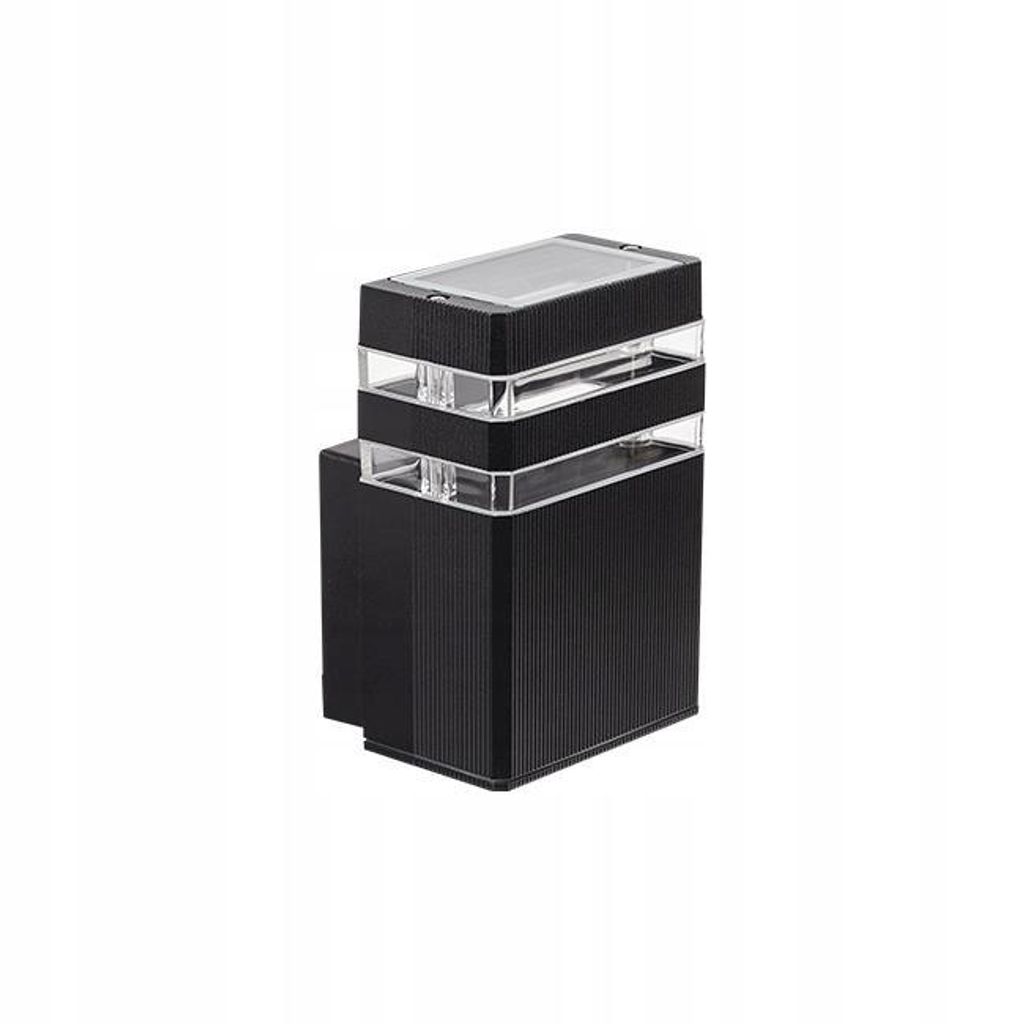 A black outdoor light fixture with clear glass elements.