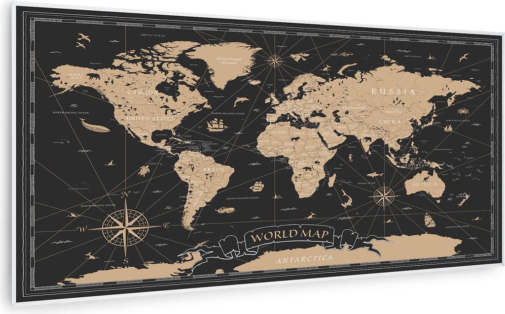 A world map with a black background and gold continents, featuring a compass rose and illustrations of ships and animals.