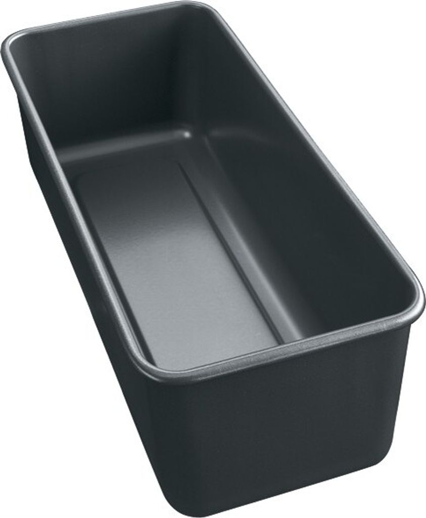 A dark gray loaf pan is shown from a diagonal, slightly elevated angle against a white background.