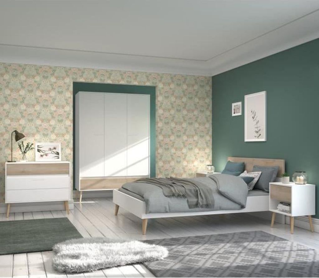 Komplettes Schlafzimmer - AALBORG - Skandinavisch - Weiß / Eiche - Bett 140 x 190 cm, 2 Nachttische, Kommode, Kleiderschrank - PARISOT