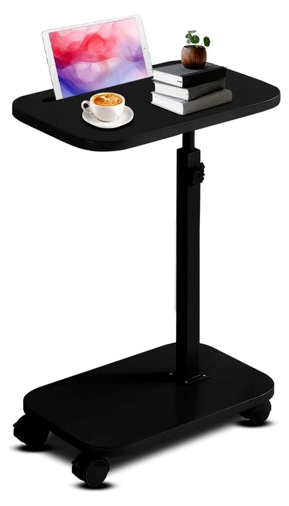 Beistelltisch mit Rollen, 360° drehbarer C-förmiger Tisch und höhenverstellbar, kleiner Couchtisch für Wohnzimmer und Schlafzimmer (Schwarz)