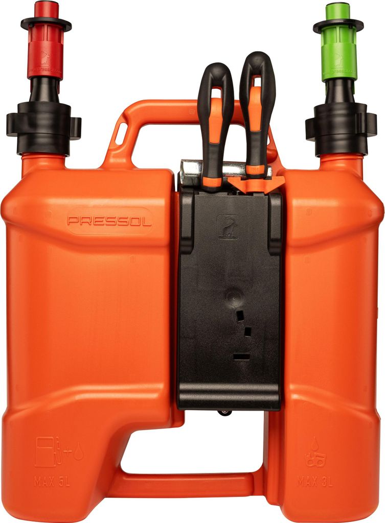 Pressol Kombi-Kraftstoffkanister-5l+3l, PE-Werkzeugtasche | 5 Liter Kraftstoff | 3 Liter Kettenöl | HDPE (Polyethylen hoher Dichte) | Farbe Orange