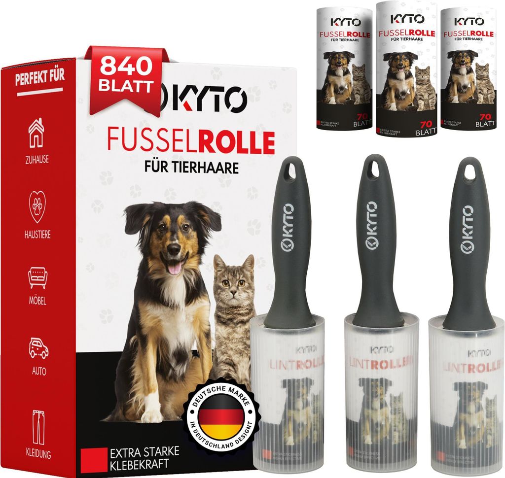 Kyto Fusselrolle 12 Stück + Griffe | 70 Kleber pro Rolle