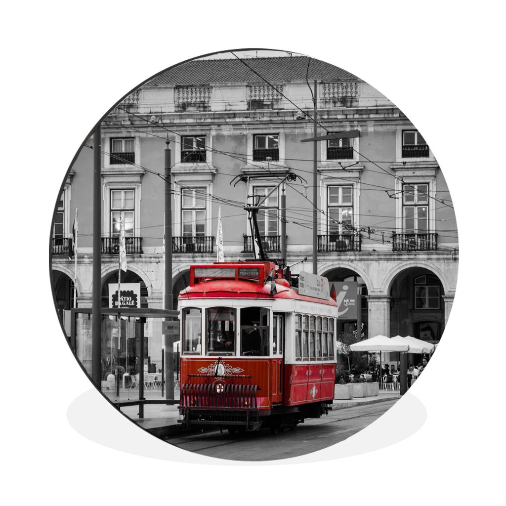 MuchoWow Aluminium Wandkreis Schwarz-Weiß-Foto mit einer roten Straßenbahn Ø 60 cm Wanddeko Modern Wohnzimmer - Wand Kreis - Wandbild - Schlaf...