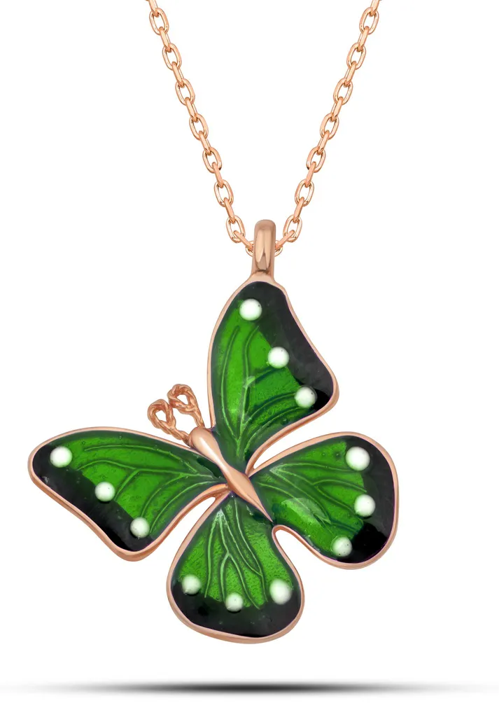 Collier en argent rose avec pendentif papillon émail vert forêt
